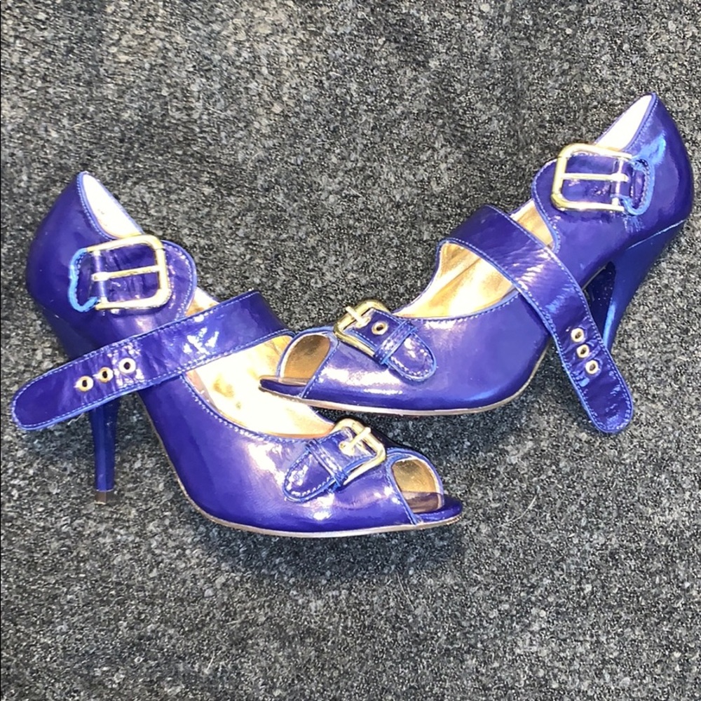 Bright Blue patent leather peep toe heels